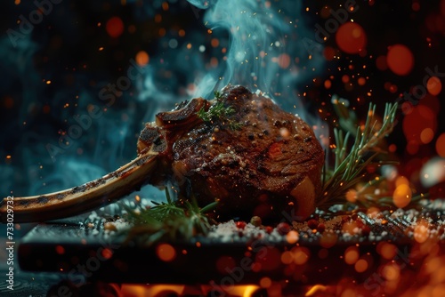 Grilled beef tomahawk steak on bone with salt, pepper, rosemary