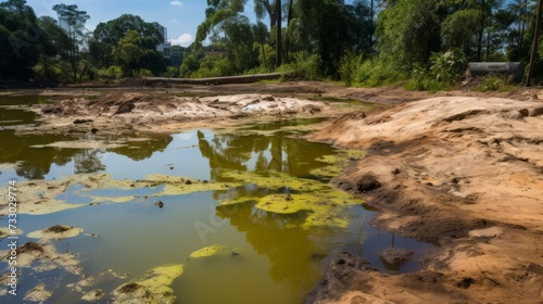 A polluted pond with discolored and stagnant water