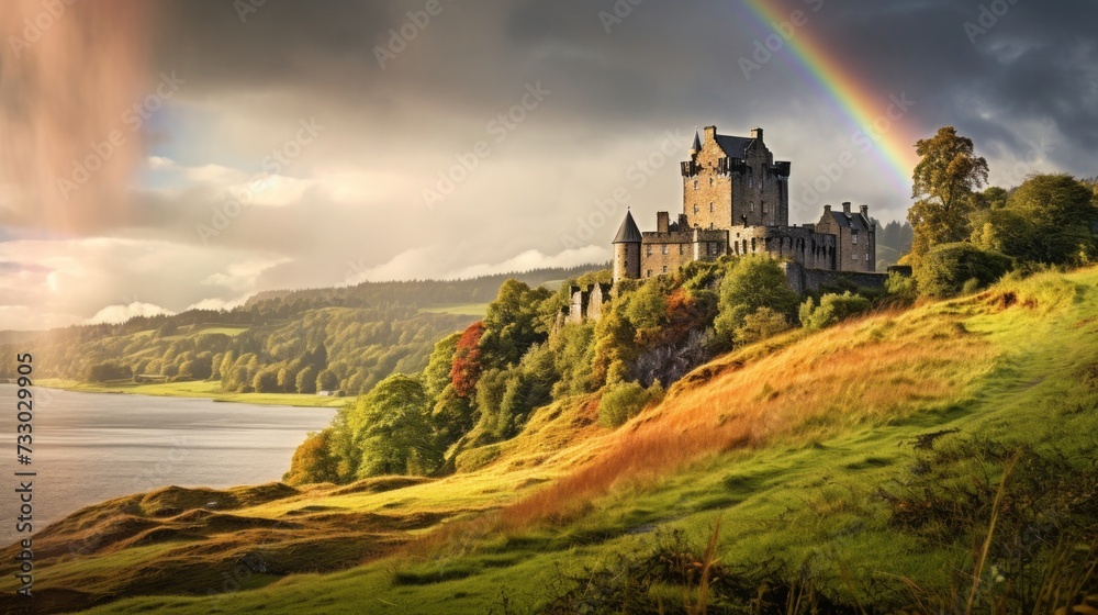 A rainbow emerging from behind a majestic castle
