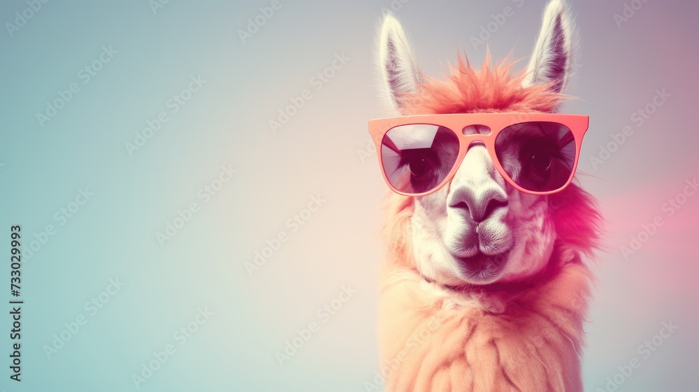A llama displaying a fashionable look, wearing sunglasses and a sweater in a playful manner.