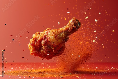 Fototapeta Naklejka Na Ścianę i Meble -  Crispy fried chicken surrounded by spices floating in the air against a red background. Illustration concept