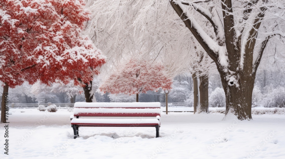 A snow covered bench in a city park