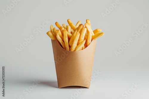 A french fries in a paper cup or paper bag on a white background