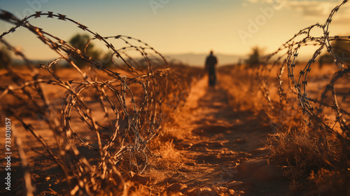 a man walking near the border with wire fences