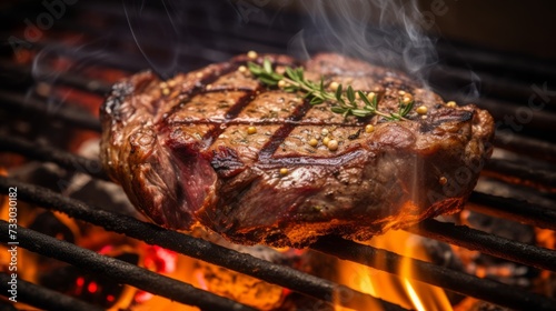 A sizzling steak being grilled to perfection on an open flame