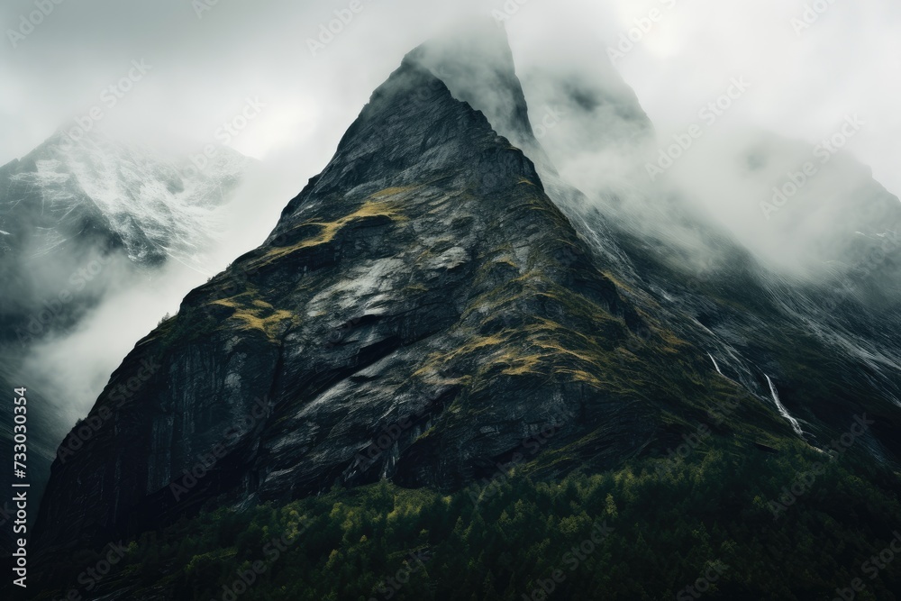 A towering mountain rises above a landscape covered in clouds and trees.