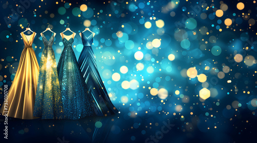 Elegant Evening Gowns on Display with Glittering Abstract Bokeh Background