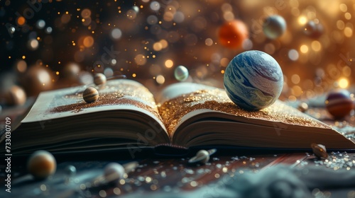 An open book on astronomy, surrounded by models of planets, inviting explorat...