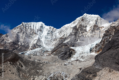 Pachermo peak in Himalays, Nepal. Mountain landscape near Pachermo base camp. Beautiful Himalayan landscape. photo