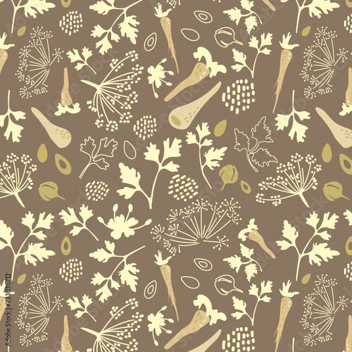 Seamless pattern with parsley plant, seeds, flowers and parsley root for wrapping paper or packaging design with parsley. Vector seamless floral design for kitchen decoration