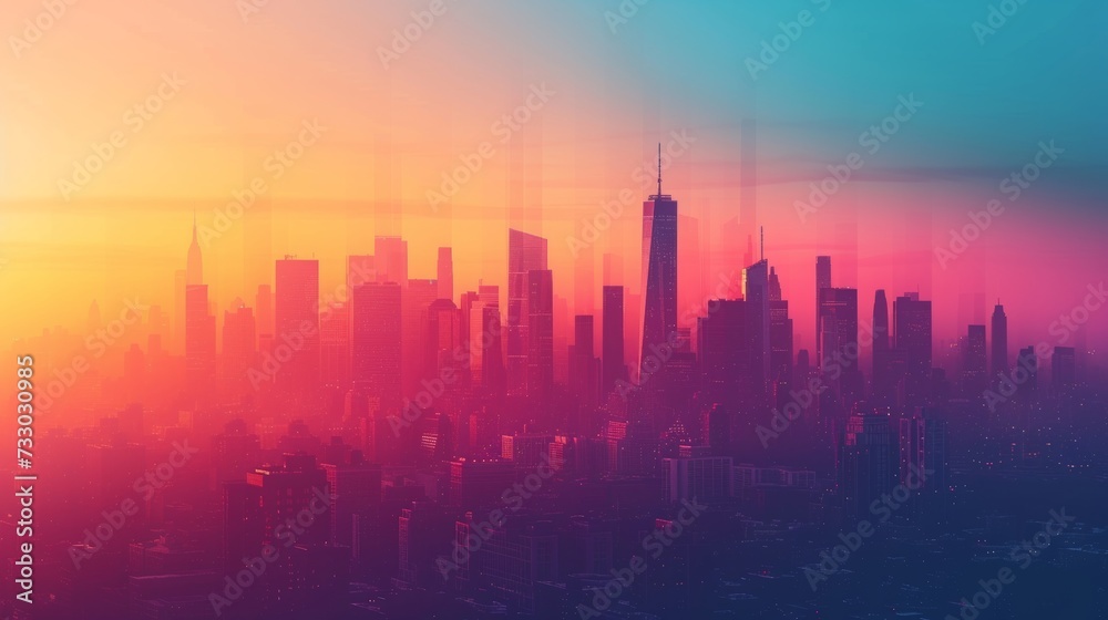 Abstract city skyline silhouettes against a gradient backdrop symbolize the urban hustle