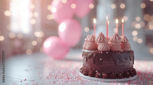 childish chocolate birthday cake with candles on white floor in the foreground