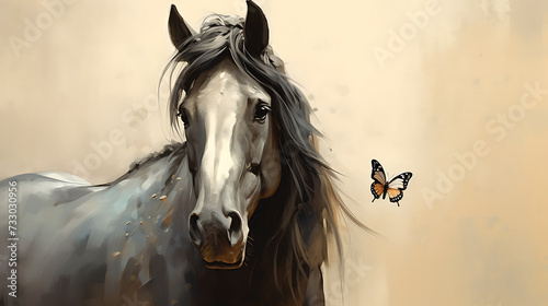 A horse with a butterfly perched on its nose