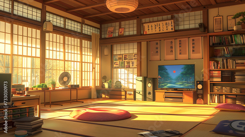 beautiful anime japan background, japan room, background, japan vibes, cozy, relax, generative ai 