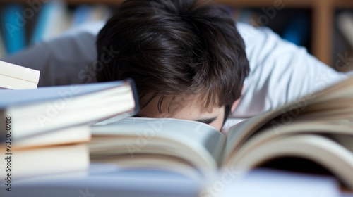 Close-up of a person studying with focused determination, surrounded by books...