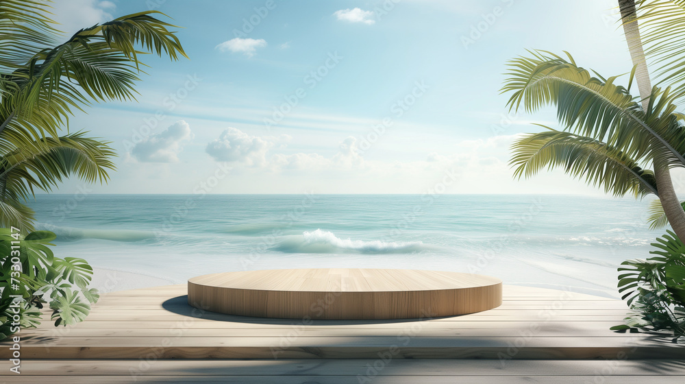 Summer product display on the wooden podium at sea tropical beach. Summer product display on the wooden podium at sea tropical beach.