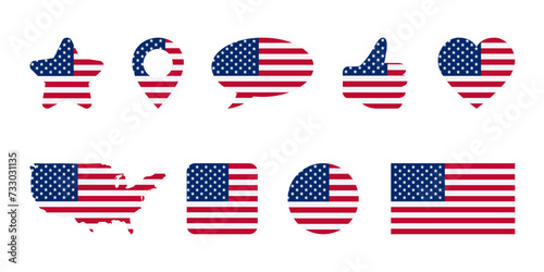 Icon set with star, heart, map, pin, speech bubble and thumb up of USA flag color. Symbols or signs isolated on white. Vector clipart, illustration of event or national holidays in United States.