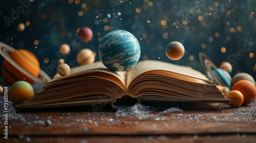 An open book on astronomy, surrounded by models of planets, inviting explorat...