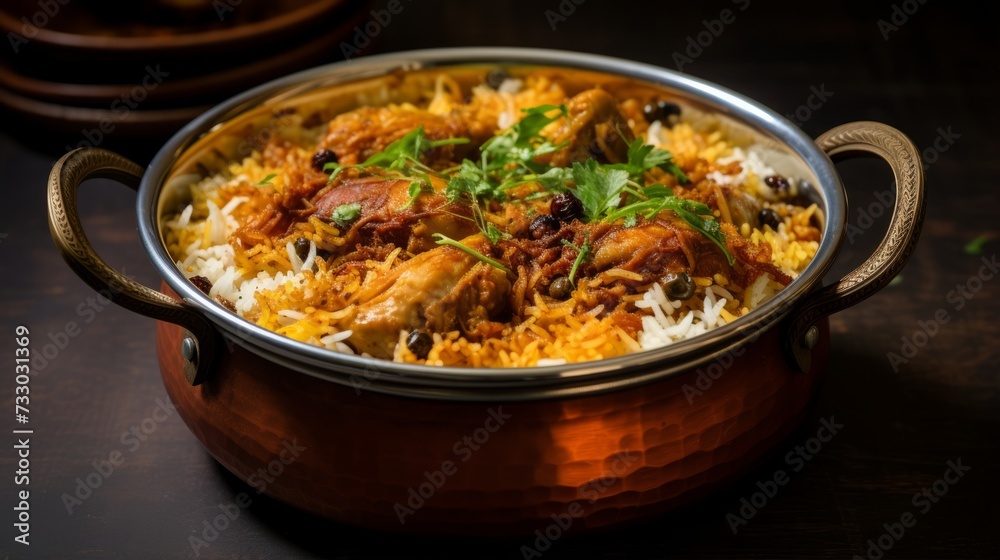 A biryani pot filled with layers of rice and chicken