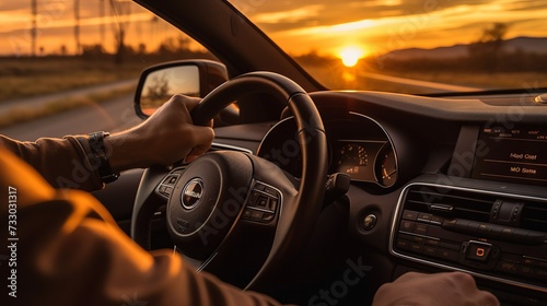 A man driving a car, hand on the steering wheel, the road ahead at sunset, the Golden Hour.