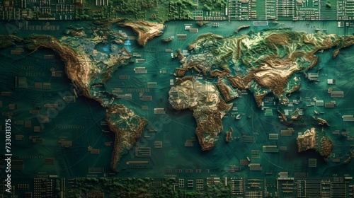 A map marks the location of countries around the world with electronic circuitry
