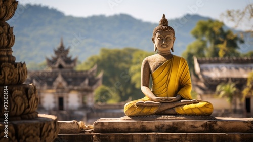 A buddha sculpture with a backdrop of temple architecture