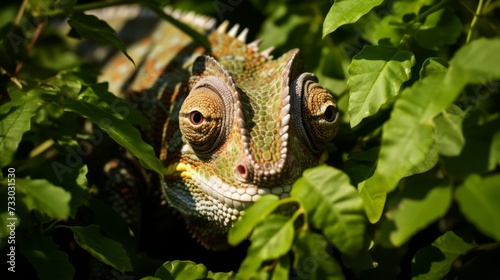 A chameleon camouflaging among garden foliage