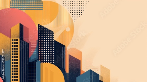 Bold lines and geometric shapes depict a modern city skyline against a gradie...