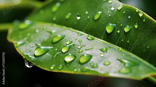 A closeup of a shimmering raindrop on a leaf photo