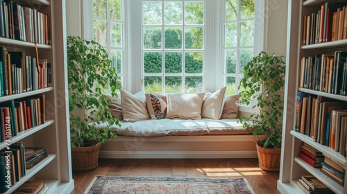 Chic reading nook nestled by a bay window, offering a serene retreat for book...