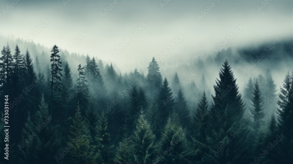 A dense fog rolling over a tranquil forest