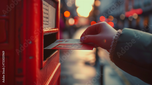 the timeless act of dropping a postcard into an iconic red postbox photo