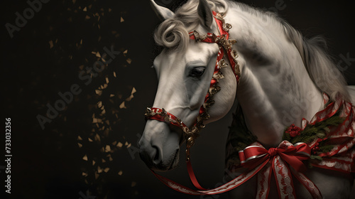 A horse with a festive ribbon in its mane © Muhammad