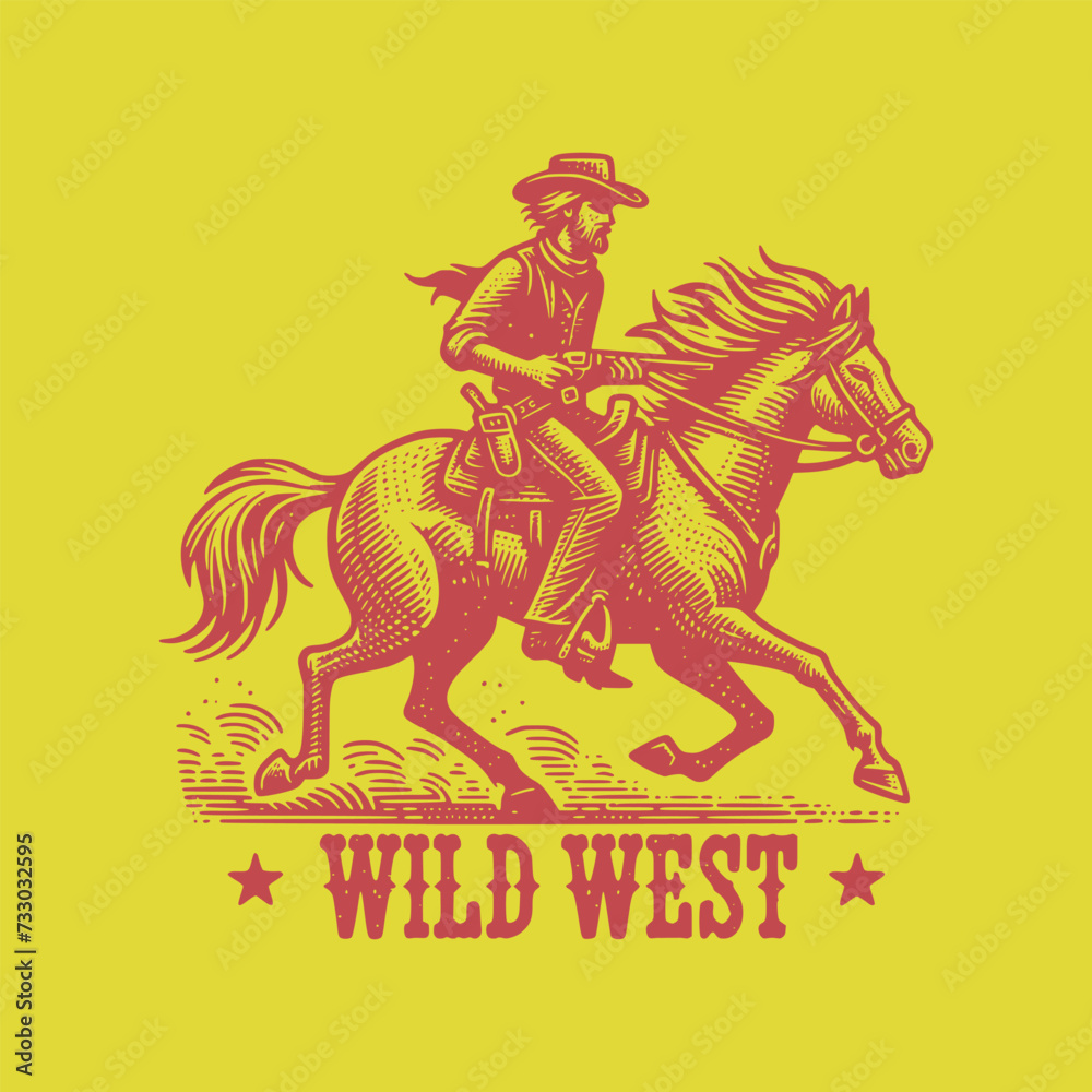 vintage retro art cowboy riding horse in wild west vector illustration