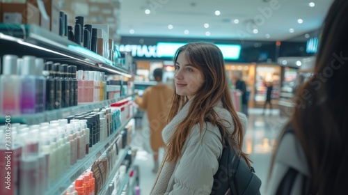 Beautiful young saleswoman helps a buyer choose cosmetics in a large cosmetics store large copyspace area