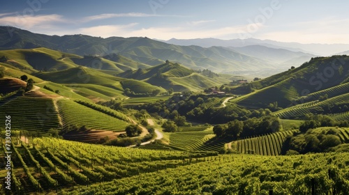 A panoramic view of rolling hills covered in vineyards