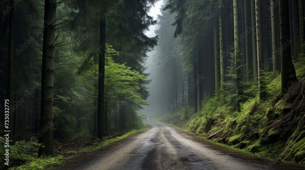 A road through a misty, mystical forest