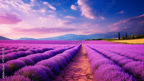 A road surrounded by fields of vibrant lavender