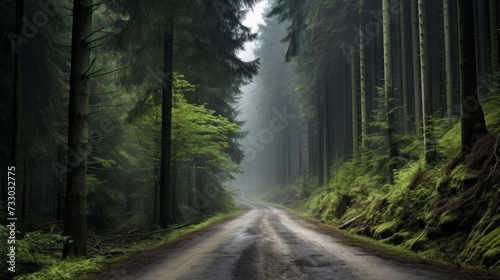 A road through a misty  mystical forest