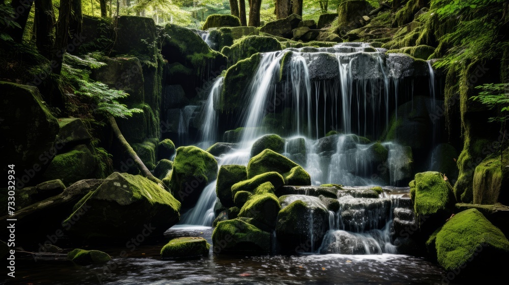 A serene waterfall cascading over mossy rocks