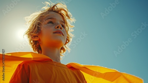 A youngster in a superhero cape, believing in the power to be anything. large...
