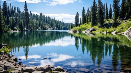 A serene, reflective lake surrounded by evergreen trees