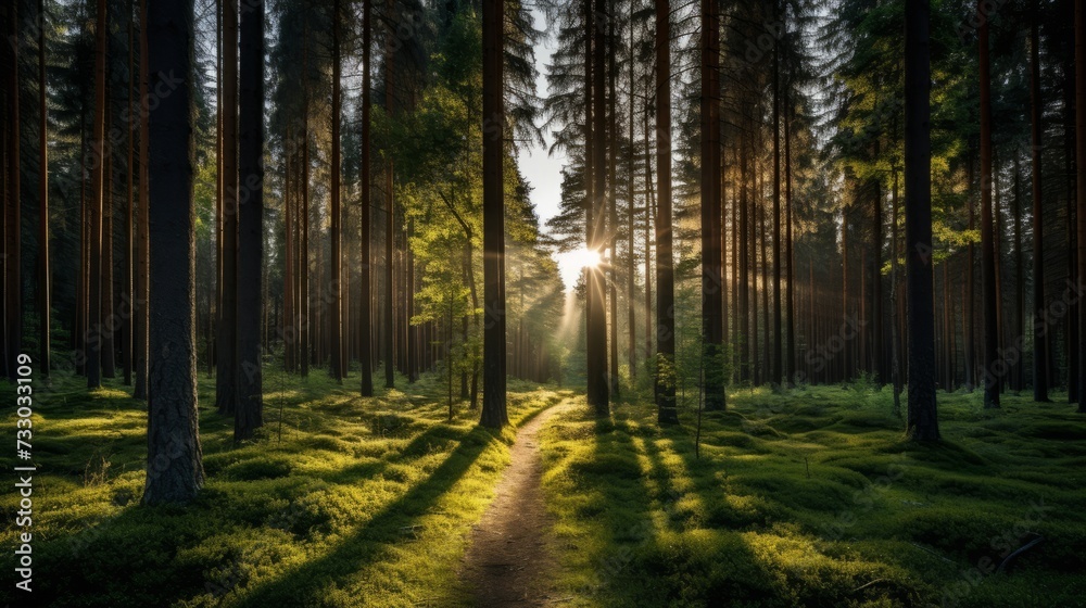 A sunlit road disappearing into a dense forest