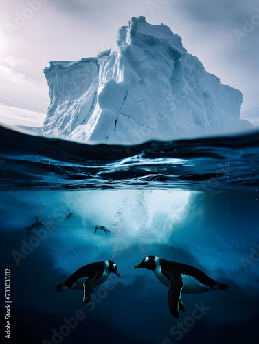 Two Penguins Swim Gracefully In The Ocean, Their Sleek Bodies Swim Through The Cool Waters Near An Imposing Iceberg. Melting Glacier Covered With Snow. Global Warming Concept. Pole Travel Expedition © Jasmina