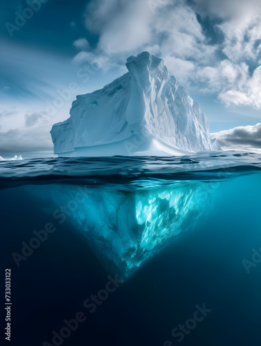 An Enormous Iceberg Delicately Drifts In The Vast Expanse Of The Ocean Against A Backdrop Of A Clear Sky.. Global Warming Concept. The Impressive Natural Landscape.