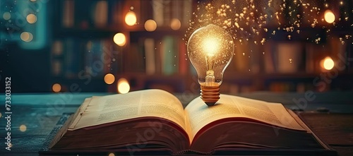 Illuminating pages of open book with glowing light bulb symbolizes enlightening power of education research and creative thinking book possibly piece of literature or scholarly text photo