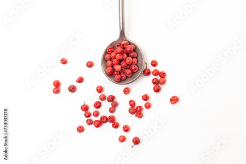 Red peppercorns in iron spoon on white background. Organic spice. Dry red pepper grain.