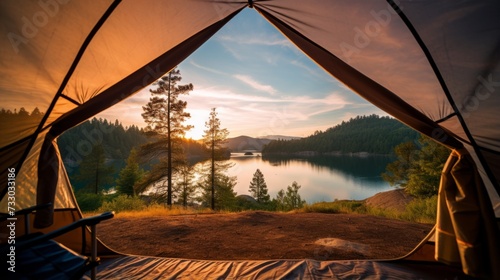 A tent with a view of a tranquil mountain lake