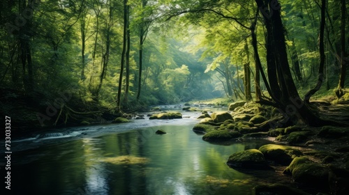 A tranquil river winding through a dense forest