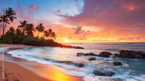 A tropical beach at sunset with vibrant colors